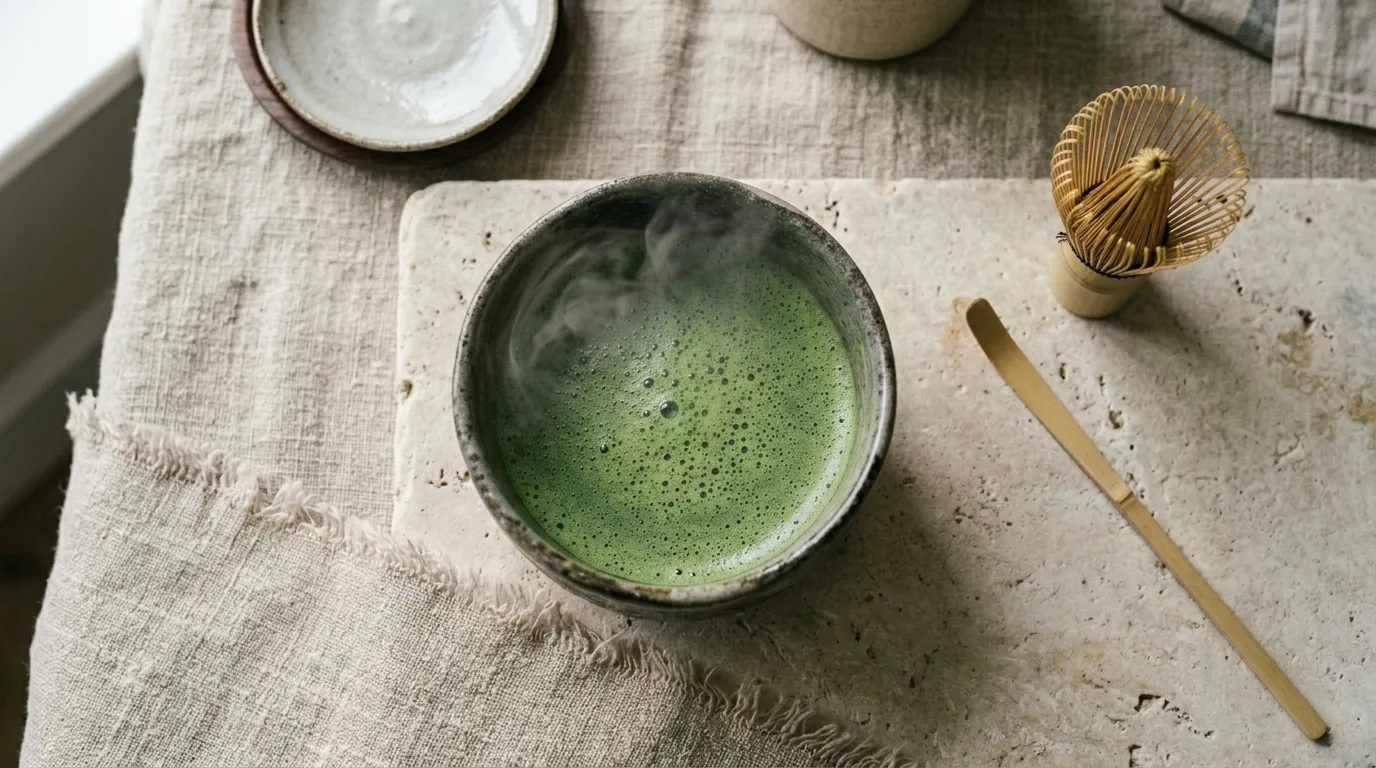 A freshly whisked bowl of ceremonial matcha, deep jade green, with a bamboo whisk resting beside it