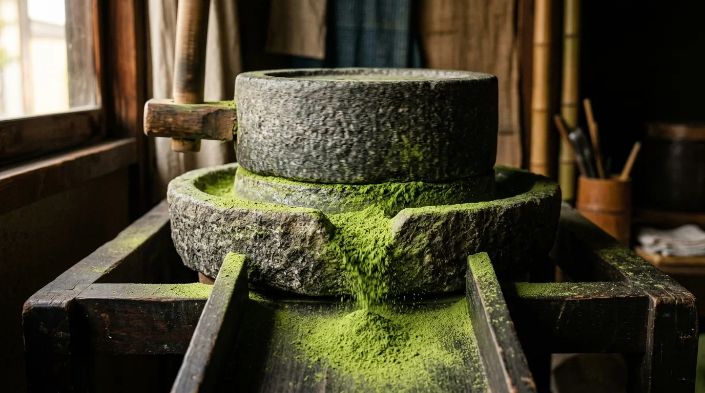Close view of a granite stone mill grinding bright jade matcha powder