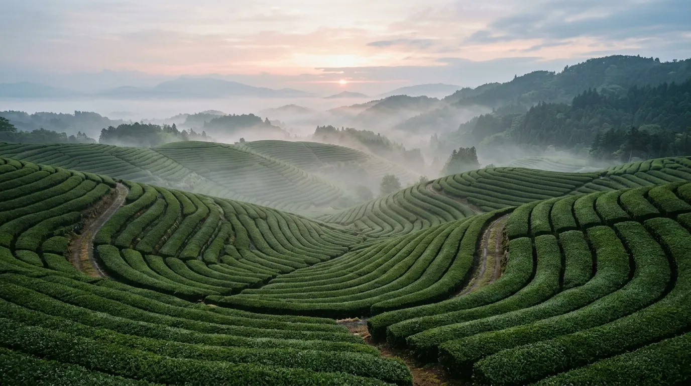 Mist rising over terraced tea fields at dawn in Wazuka, Kyoto