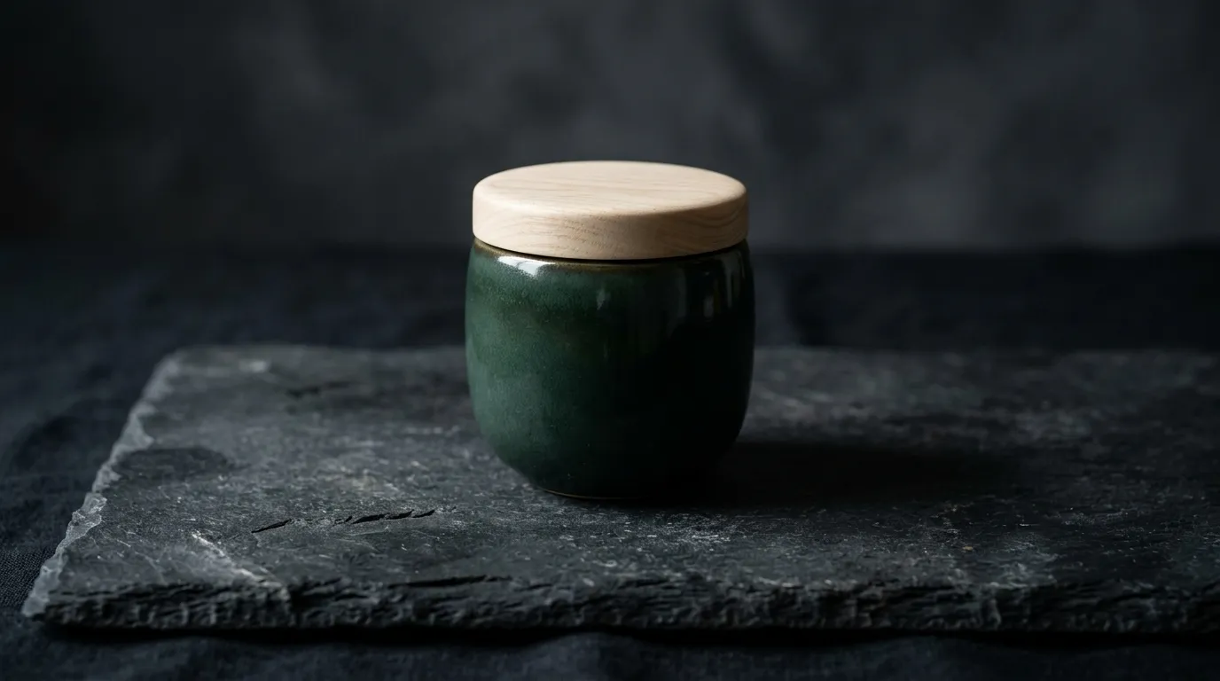 Ceremonial grade matcha tin, dark green with minimal type